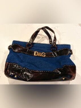 D&G Denim Tote with Brown Snakeskin Trim and Gold Logo